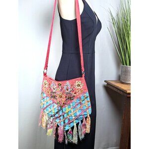 Vintage Maggi B Ribbon Embroidered Boho Cross Body/ Shoulder Bag Purse Pink NWOT